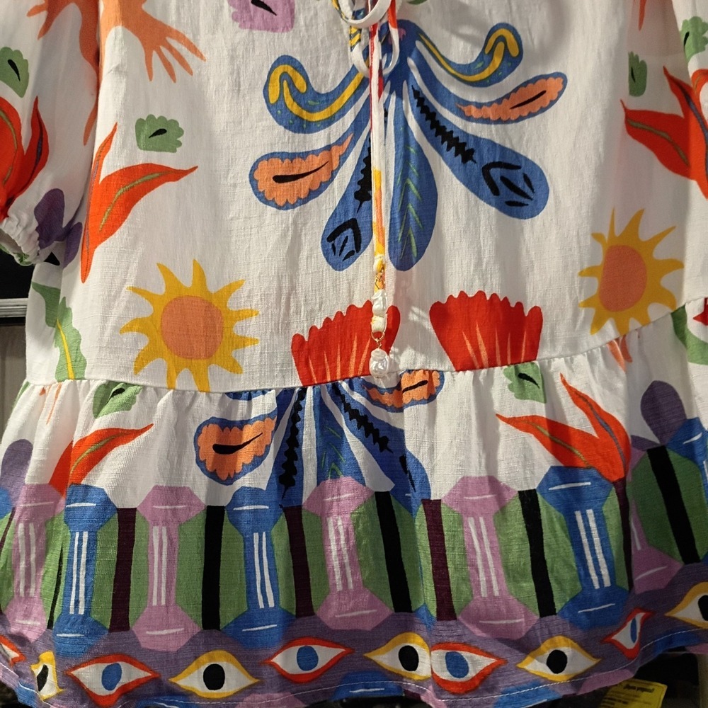 Cece Blouse Womens Size M Colorful Aztec Pattern VNeck Drawstring Summer Top EUC - Picture 8 of 8